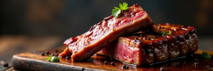 Obraz premium Stack of lamb ribs with smoky flavor and black pepper, grill, savory