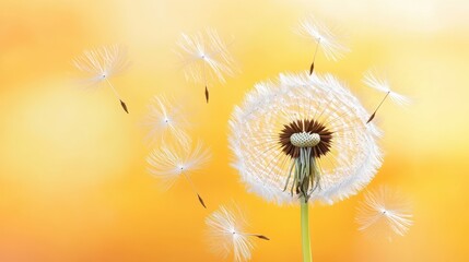 Dandelion Seeds Drifting On Warm Orange Backdrop.