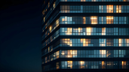 Obraz premium Modern High Rise Building At Night With Illuminated Windows In A City Setting