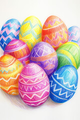 Obraz premium Colorful Easter Eggs with Hand-Drawn Patterns – Festive Greeting Card Design, Easter card drawn with a pencil