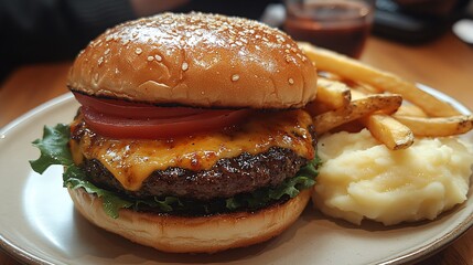 Juicy Cheeseburger with Crispy French Fries and Creamy Mashed Potatoes on a Plate