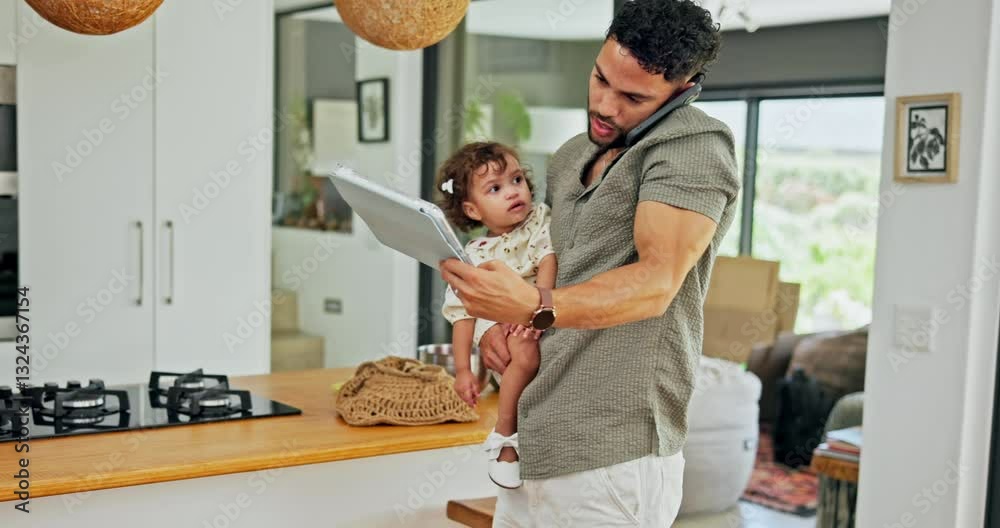 Poster remote work, phone call and father with baby, tablet and overwhelmed with tech. family, parent and d