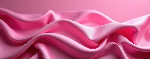 Fototapeta premium Undulating folds of pink silk fabric draped across a wooden table, folds, pink, table