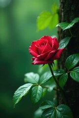 Une fleur de rose rouge se cache derri?re un feuillage vert d'un arbre ? feuilles caduques sous la pluie, for?t, arbuste, roses rouges