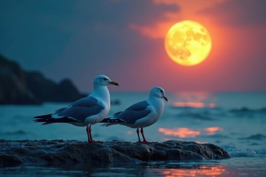 Un par de gaviotas se posan juntas en la orilla del mar con la luna a su lado, tranquilidad, luna