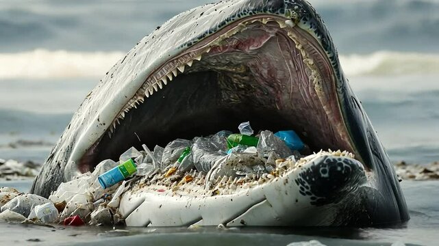 Ocean's Distress: A whale's open mouth filled with plastic waste, emphasizing the devastating effects of pollution on marine life, on a sandy beach, sparking awareness.