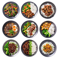 Set of plates of asian meals on transparent background, top view