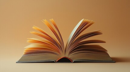 Open book with fanned pages on a soft orange background, conveying knowledge and creativity