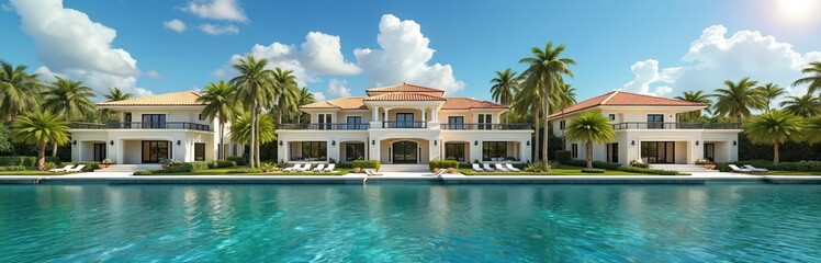 Scenic view of luxury mansion in exclusive Fort Lauderdale area. Upscale home on waterfront with palm trees, blue water. Residential architecture with rooftop tiles, balconies. Expensive real estate