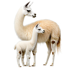 Obraz premium A tender moment between a baby llama and an adult llama in a peaceful pastoral setting under a clear blue sky isolated on a white background.