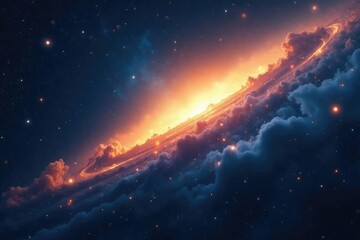 Fototapeta premium Vast expanse of dark blue space with swirling orange and yellow gas clouds and twinkling stars, cosmic dust, stars