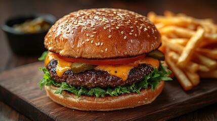 Juicy Cheeseburger with Crispy French Fries on Wooden Board