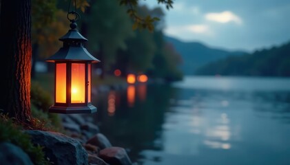 Fototapeta premium Softly lit lantern hovering above a body of water, ambient, soft focus, calm