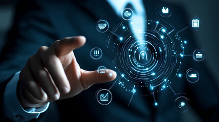 Businessman Interacting with Digital Network and Innovation Icons

