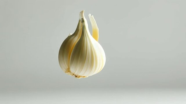 Garlic Bulb Isolated: A single garlic bulb floats suspended against an understated background, its creamy-white layers catching the light in this captivating, detail-rich photo.