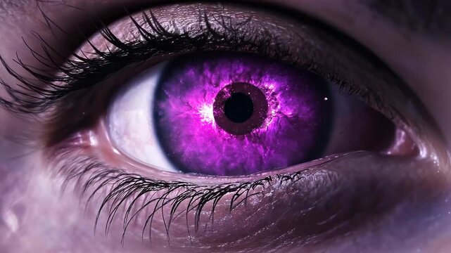 Eye with vibrant purple galaxy pattern, capturing the beauty of cosmic elements within human vision