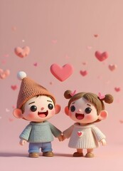 A soft pink background filled with hearts and cheerful faces, with two friends holding hands at the bottom
