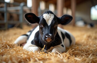 Close-up portrait of cute young calf lying in straw bed inside barn. Newborn Holstein resting, looking at camera. Dairy farm, animal agriculture, livestock concept.