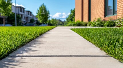 Fototapeta premium Urban Sidewalk Landscape with Fresh Grass and Modern Architecture Under Clear Blue Sky
