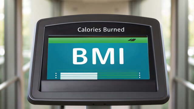 Calories burned display on treadmill screen showing BMI metrics, emphasizing fitness tracking and health monitoring