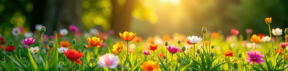 Fototapeta premium Sonneneinstrahlung auf einer Blumenwiese mit Palmen, garten, stilvolle, dekorationsart