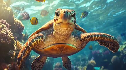 Obraz premium Realistic close-up animation of a majestic sea turtle gliding gracefully through a coral reef, surrounded by colorful fish 