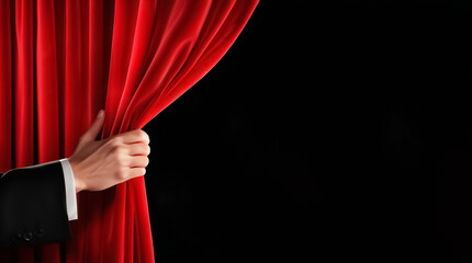 Hand open stage with red curtain on black background