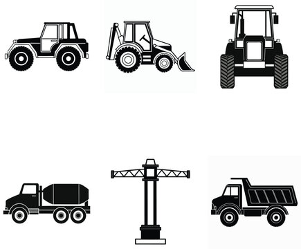 Industrial Equipment Silhouettes Tractors, Cranes, and Excavators