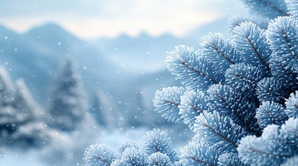 Close-up of snow-dusted pine branch with misty blue mountains vista, tranquil winter scene.