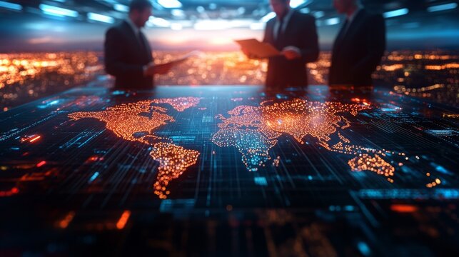 Business professionals analyzing global data with advanced technology in urban setting at dusk