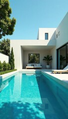 Geometric pool and minimalist house with clean lines, architecture, geometric pool