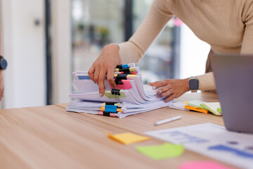 Business Business Documents, woman hands working in Stacks of paper files for searching and...