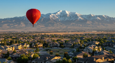 Hot Air Balloon Over Suburban Dreamscape: Mountains, Homes & Adventure!