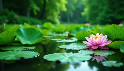 Lush green lotus foliage covering a still lake's surface , pond, detail