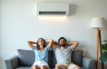 Happy couple rests on couch under air conditioner. Smiling woman, man chilling at home during heatwave with cooling equipment. Relaxed people enjoy fresh air in living room.