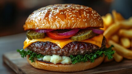 Juicy Cheeseburger with French Fries on Wooden Board