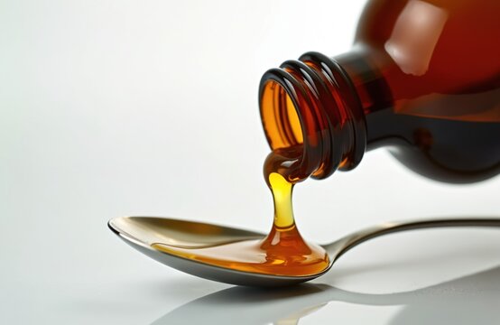 Cough syrup pouring into spoon. Amber liquid flowing from bottle. Healthcare remedy to relieve cough, cold, flu. Pharmaceutical product. Syrup medication from sore throat. Treatment from virus