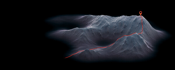 Dynamic map of the area featuring the climbing team&rsquo;s planned trek or route. Copy Space. Isolated on a black background. 3D illustration.