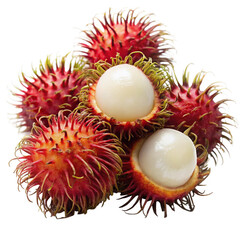 fresh red rambutan with peeled white fruit isolated