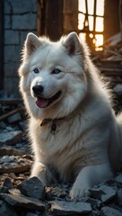 White Samoyed Dog with Blue Eyes Sitting Among Rubble