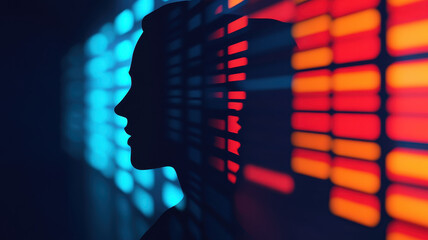 Silhouette of person against colorful light patterns, creating striking visual effect. vibrant colors evoke sense of creativity and inspiration