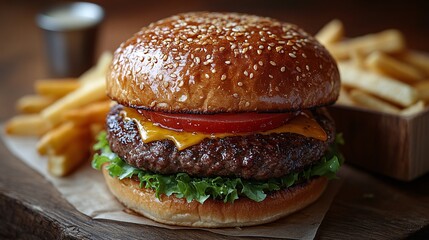 Juicy Cheeseburger with Golden French Fries on Wooden Board