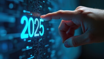 Hand touches glowing 2025 on digital screen. Modern tech business concept of future, innovation, progress. Virtual interface, bright target, strategy, opportunity in science.