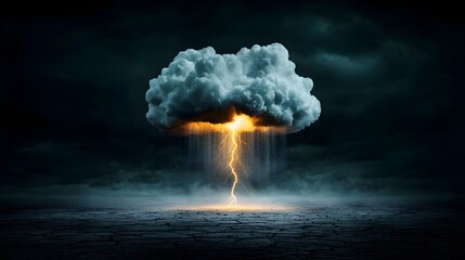 Majestic cumulus cloud releasing a torrent of rain onto a pitch black empty plane dramatic atmospheric storm with billowing grey clouds cracks of lightning flashing across the sky