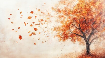 Light watercolor painting of autumn leaves gently blowing away from the tree on canvas. Delicate and artistic depiction of fall foliage with soft brushstrokes and natural colors, capturing the essenc