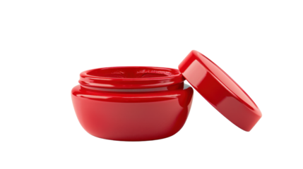 Red cosmetic jar open on transparent background