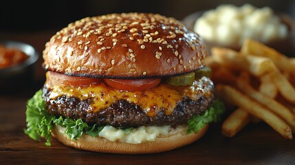Juicy Cheeseburger with Golden Fries on Wooden Table