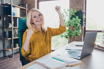 Photo of lucky good mood lady specialist dressed shirt winning game modern device indoors...