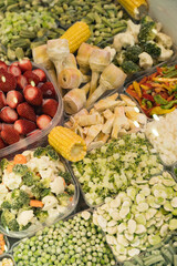 Frozen assorted vegetables inside industrial fridge. Semi-processed products. Dietary meal