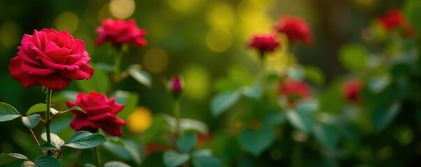 Red roses with lush green leaves and stems in a Puerto de la Cruz botanical garden, ornamental plant, floral arrangement, botanic garden